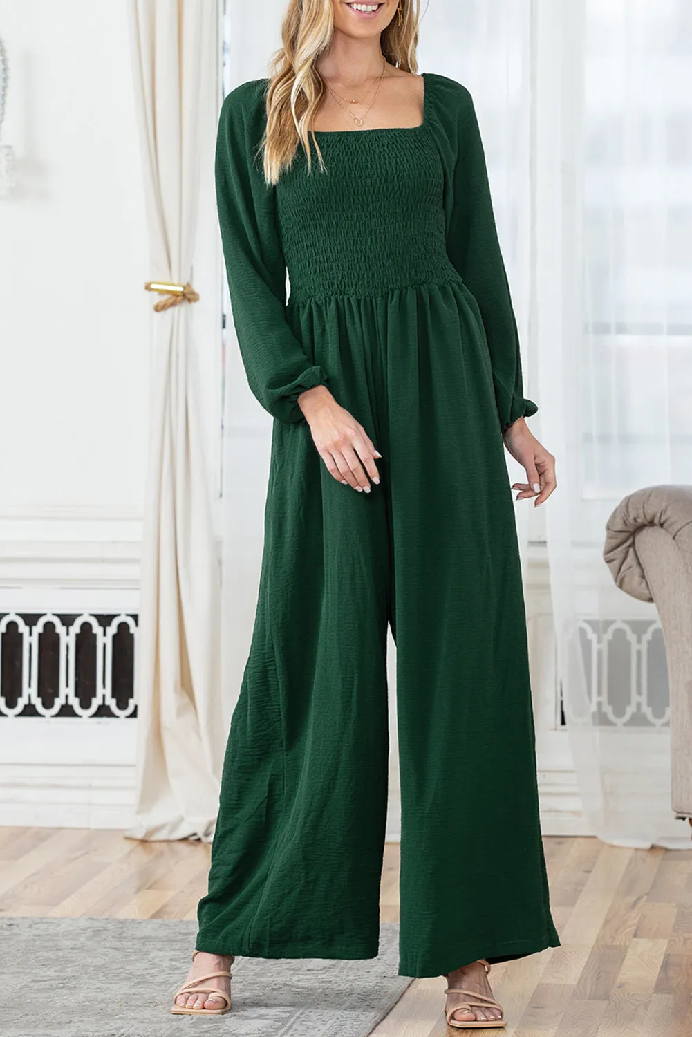 Black Smocked Square Neck Long Sleeve Wide Leg Jumpsuit