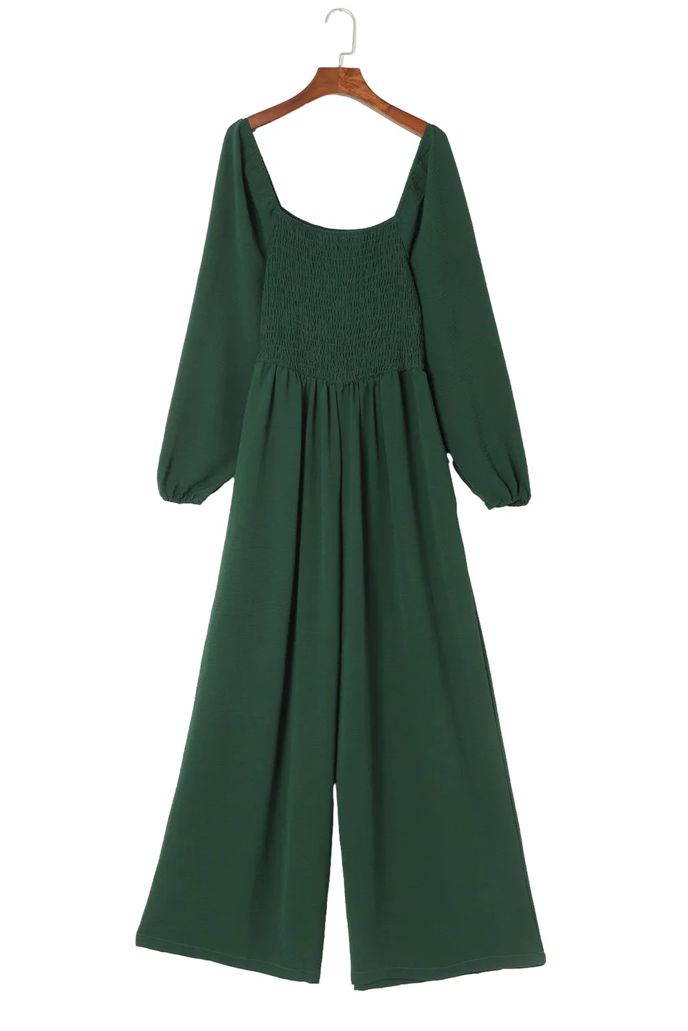 Black Smocked Square Neck Long Sleeve Wide Leg Jumpsuit