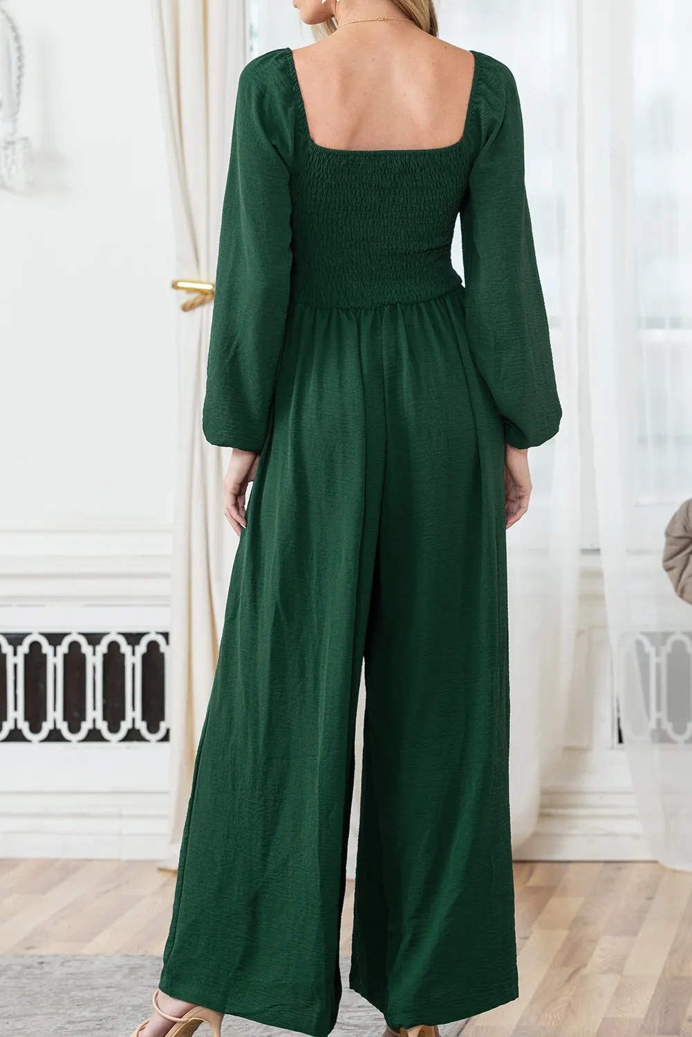 Black Smocked Square Neck Long Sleeve Wide Leg Jumpsuit