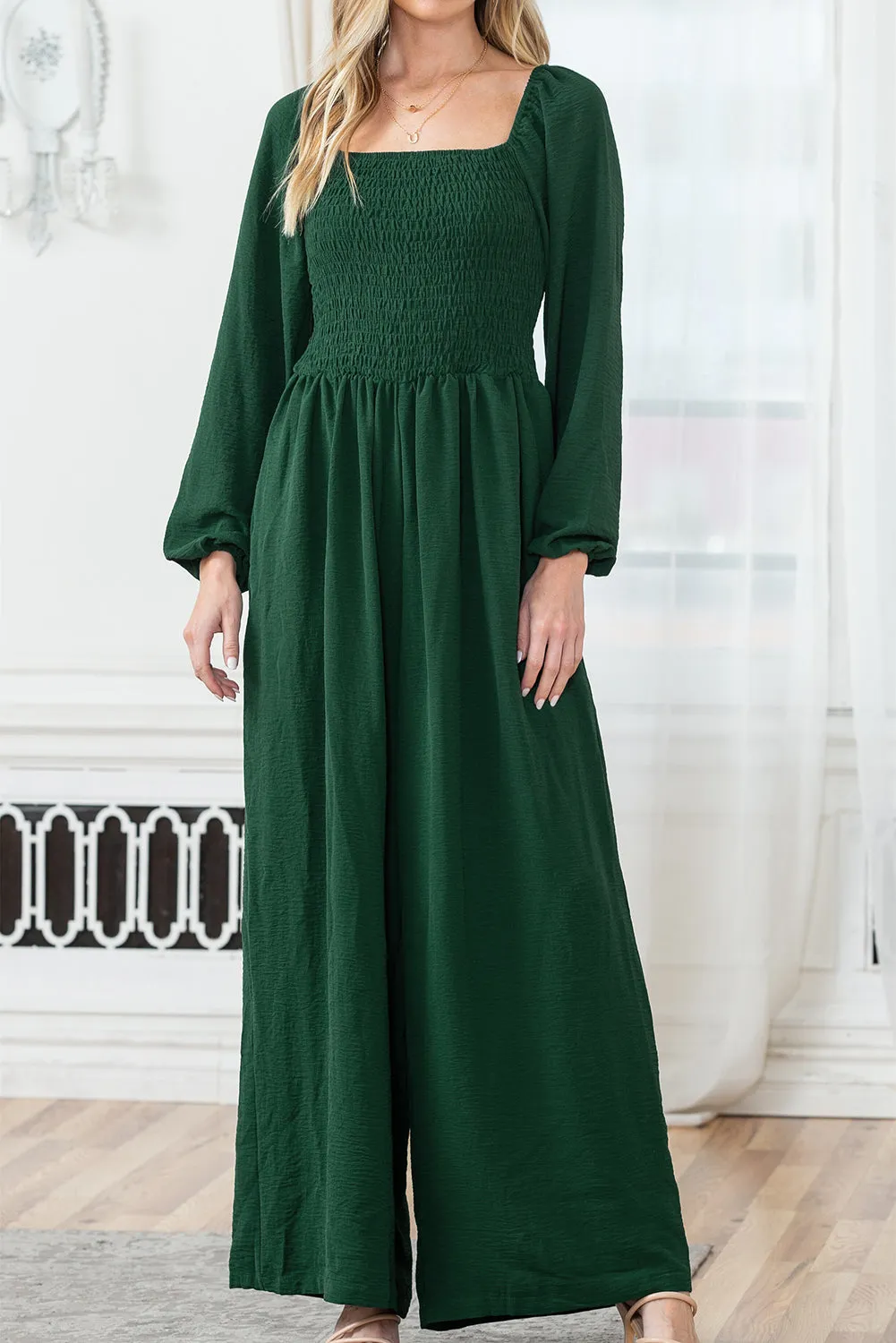Black Smocked Square Neck Long Sleeve Wide Leg Jumpsuit