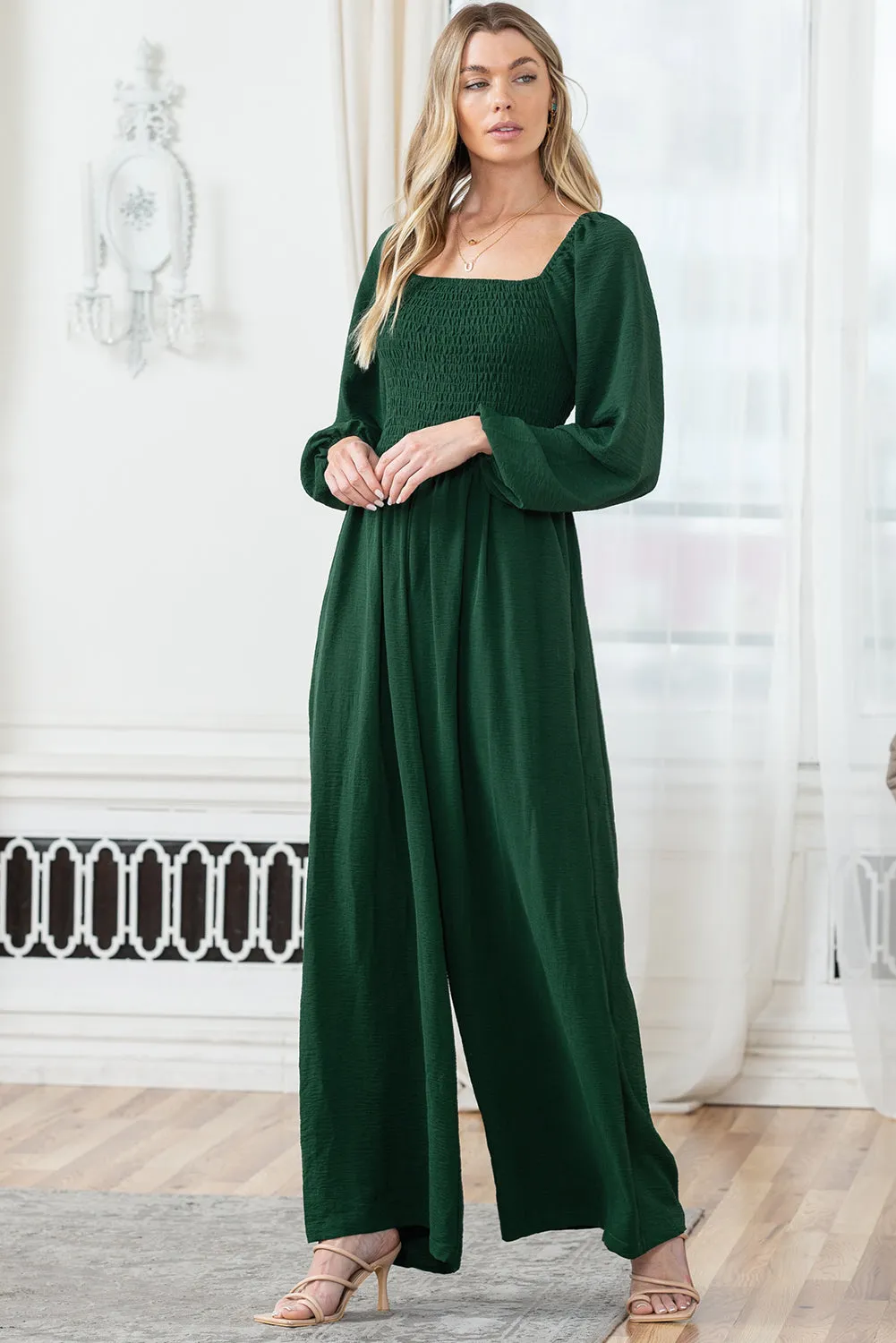 Black Smocked Square Neck Long Sleeve Wide Leg Jumpsuit