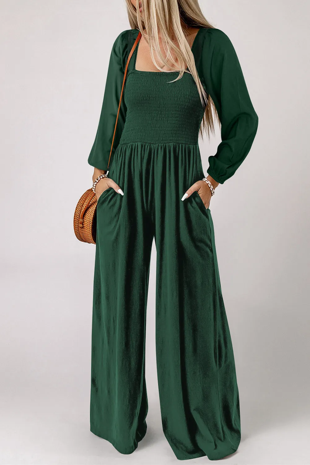 Black Smocked Square Neck Long Sleeve Wide Leg Jumpsuit
