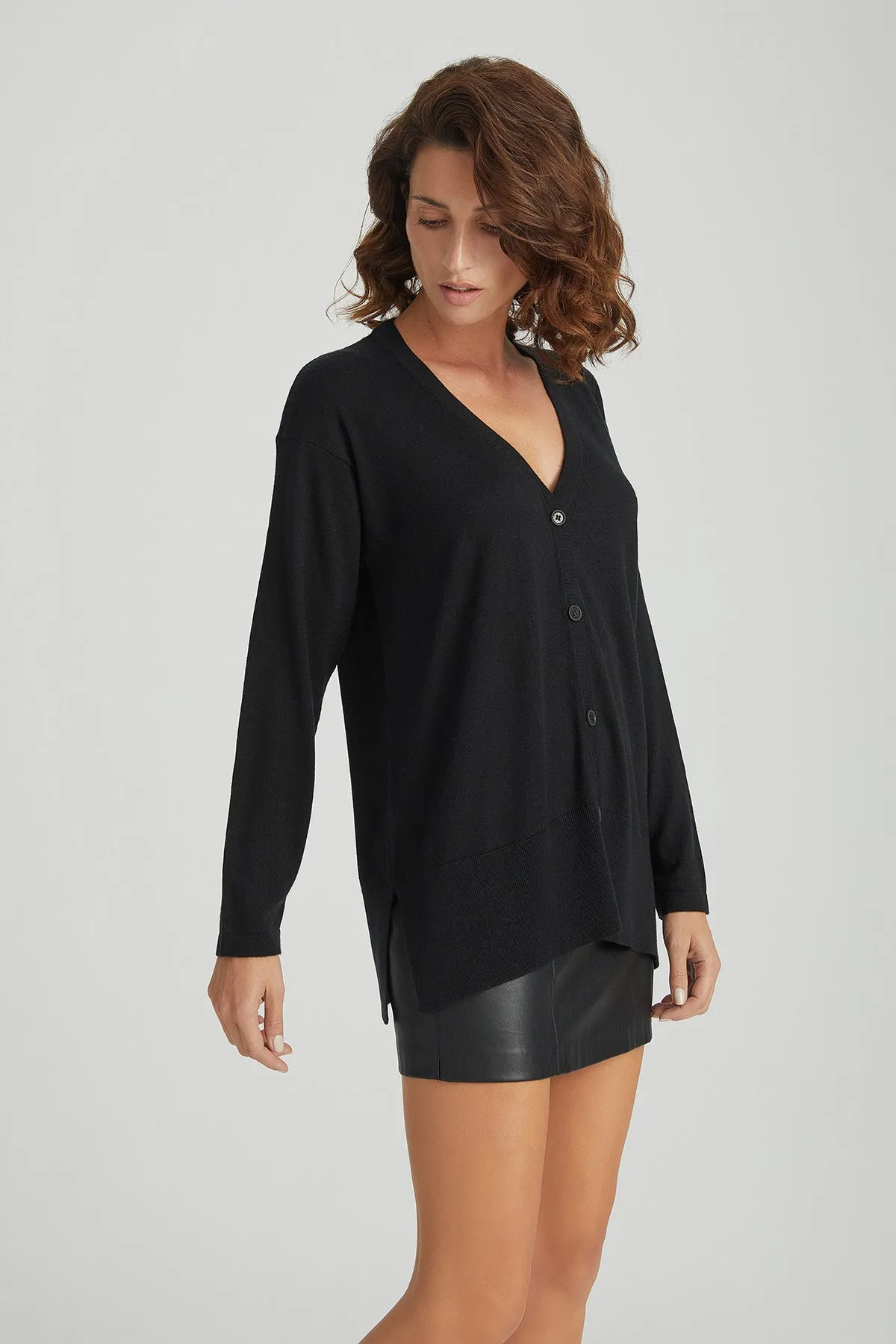 Black Zoe Silk Cashmere V Neck Cardigan