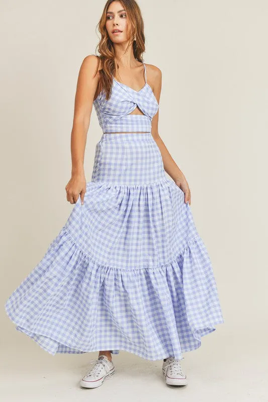 Blue Paid Twist Tube Top and Skirt Set.