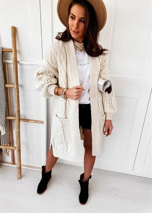 Boho long white cardigan with relief pattern