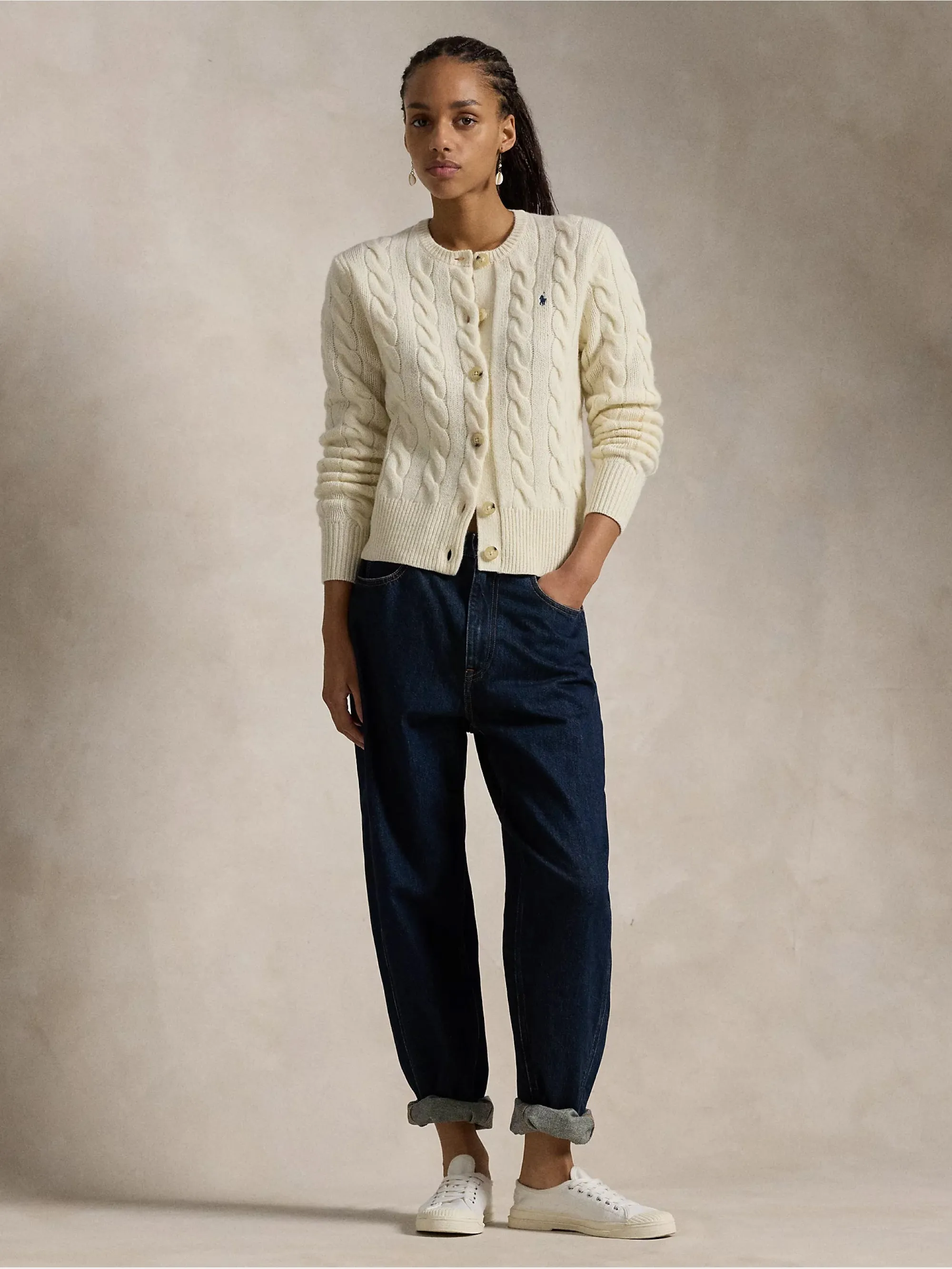 Cardigan a Trecce in Misto Cashmere Crema