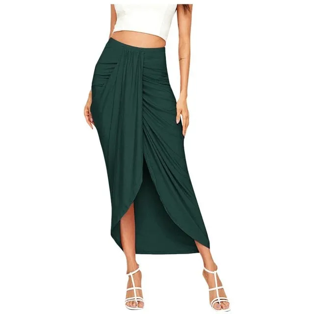 Casual Slit Wrap Asymmetrical Maxi Draped Solid Skirt