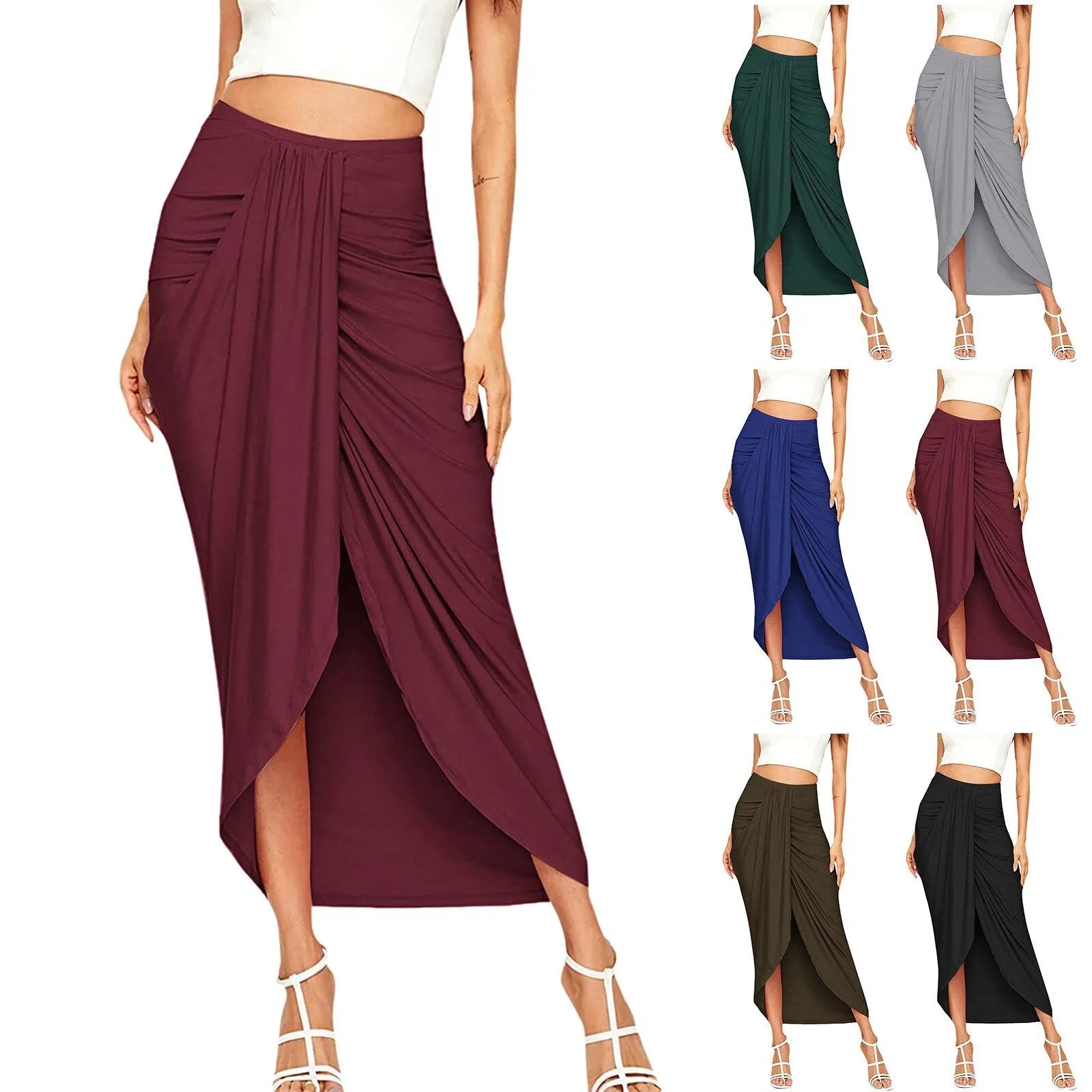 Casual Slit Wrap Asymmetrical Maxi Draped Solid Skirt