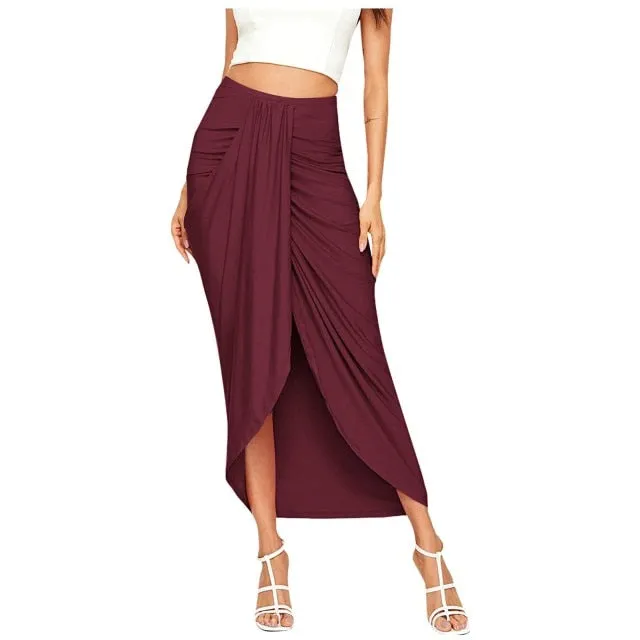 Casual Slit Wrap Asymmetrical Maxi Draped Solid Skirt