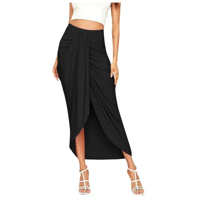 Casual Slit Wrap Asymmetrical Maxi Draped Solid Skirt