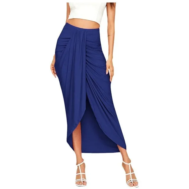 Casual Slit Wrap Asymmetrical Maxi Draped Solid Skirt