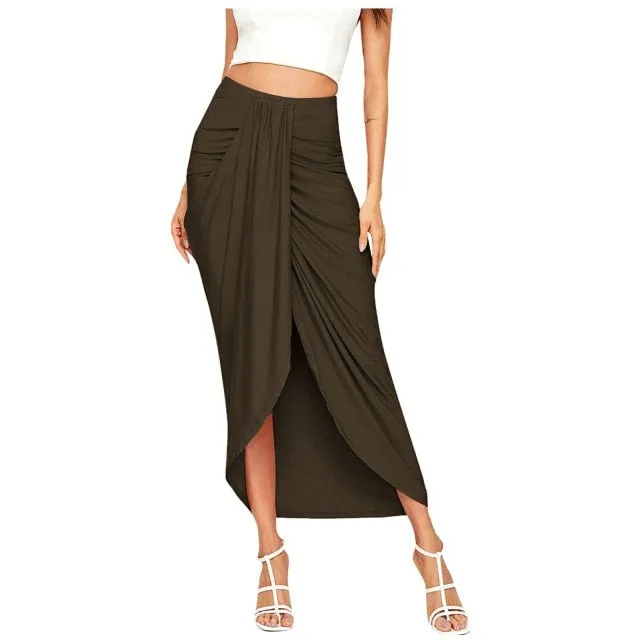 Casual Slit Wrap Asymmetrical Maxi Draped Solid Skirt