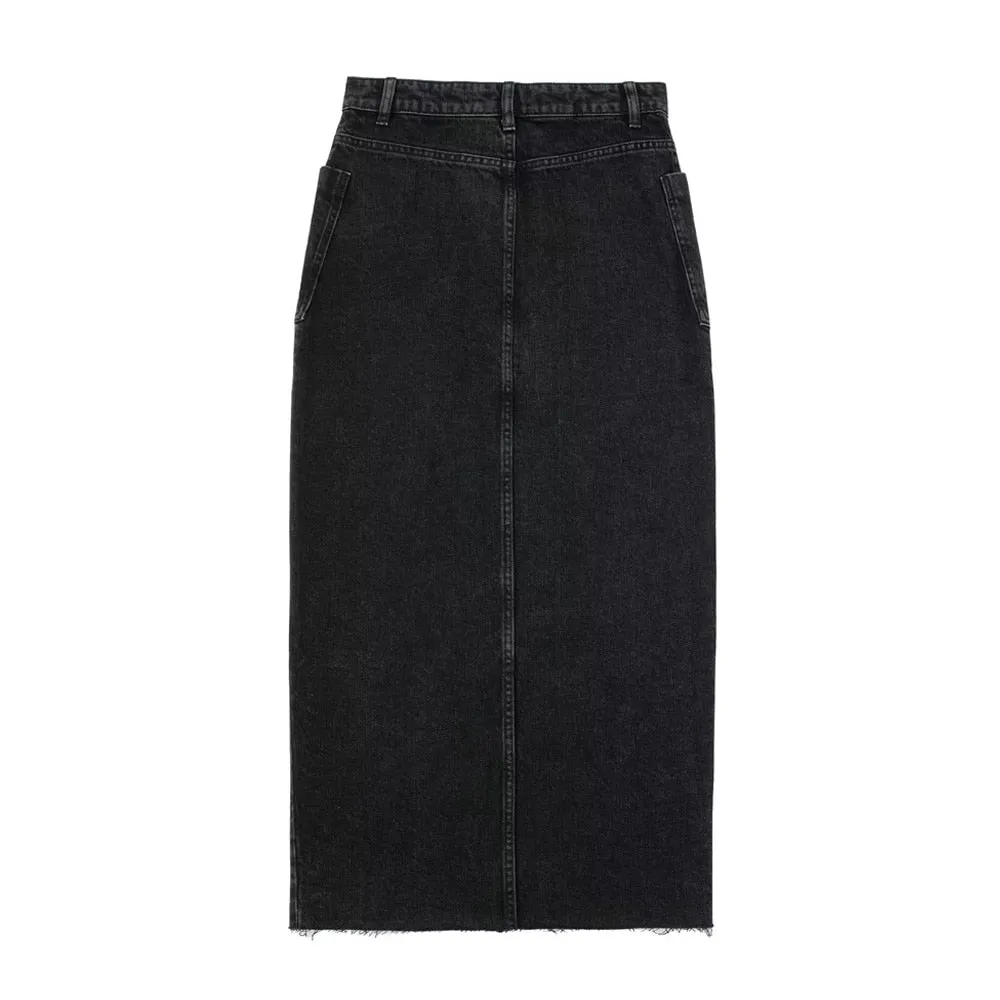 Center Of It All Black Denim Maxi Slit Skirt