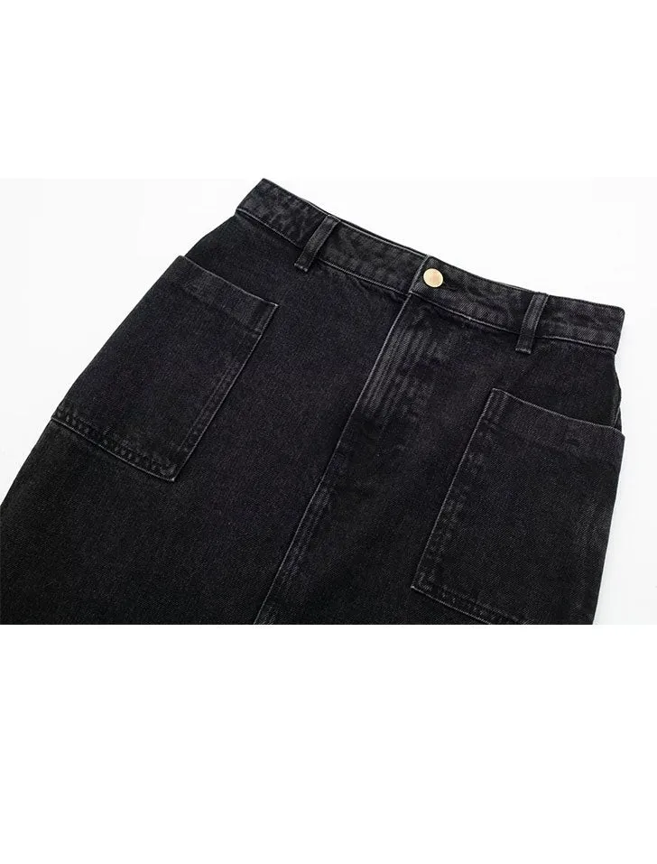 Center Of It All Black Denim Maxi Slit Skirt