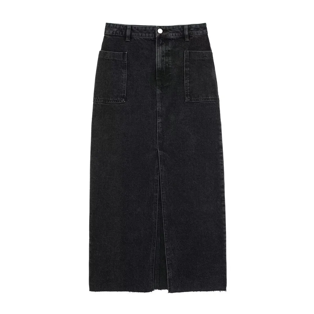 Center Of It All Black Denim Maxi Slit Skirt