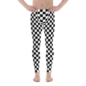Checkered Men's Leggings, Black White Squares Check Printed Yoga Sports Running Workout Festival Fitness Pants Tights