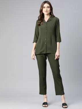 Cottinfab Women Embellished Collar Shirt with Trousers