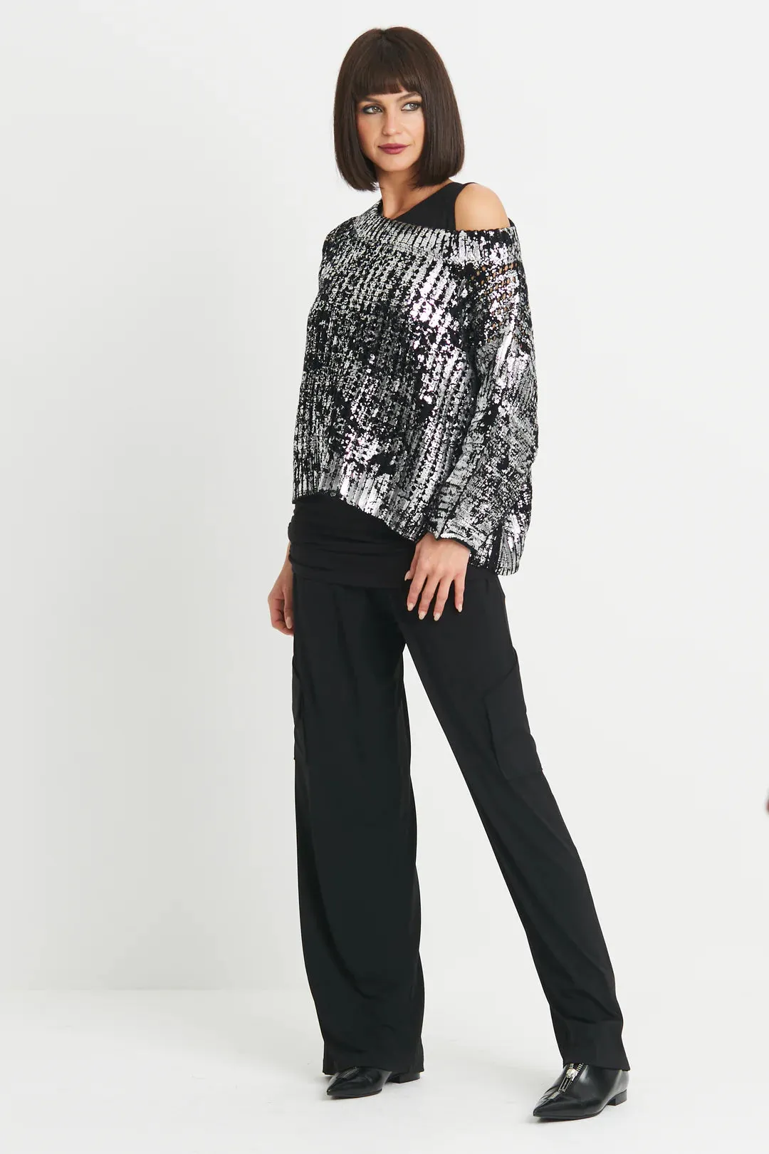 Cotton Metallic Crochet Boatneck Sweater