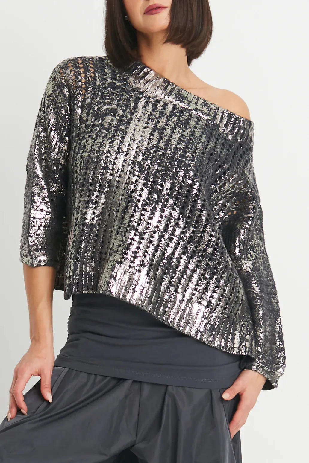 Cotton Metallic Crochet Boatneck Sweater