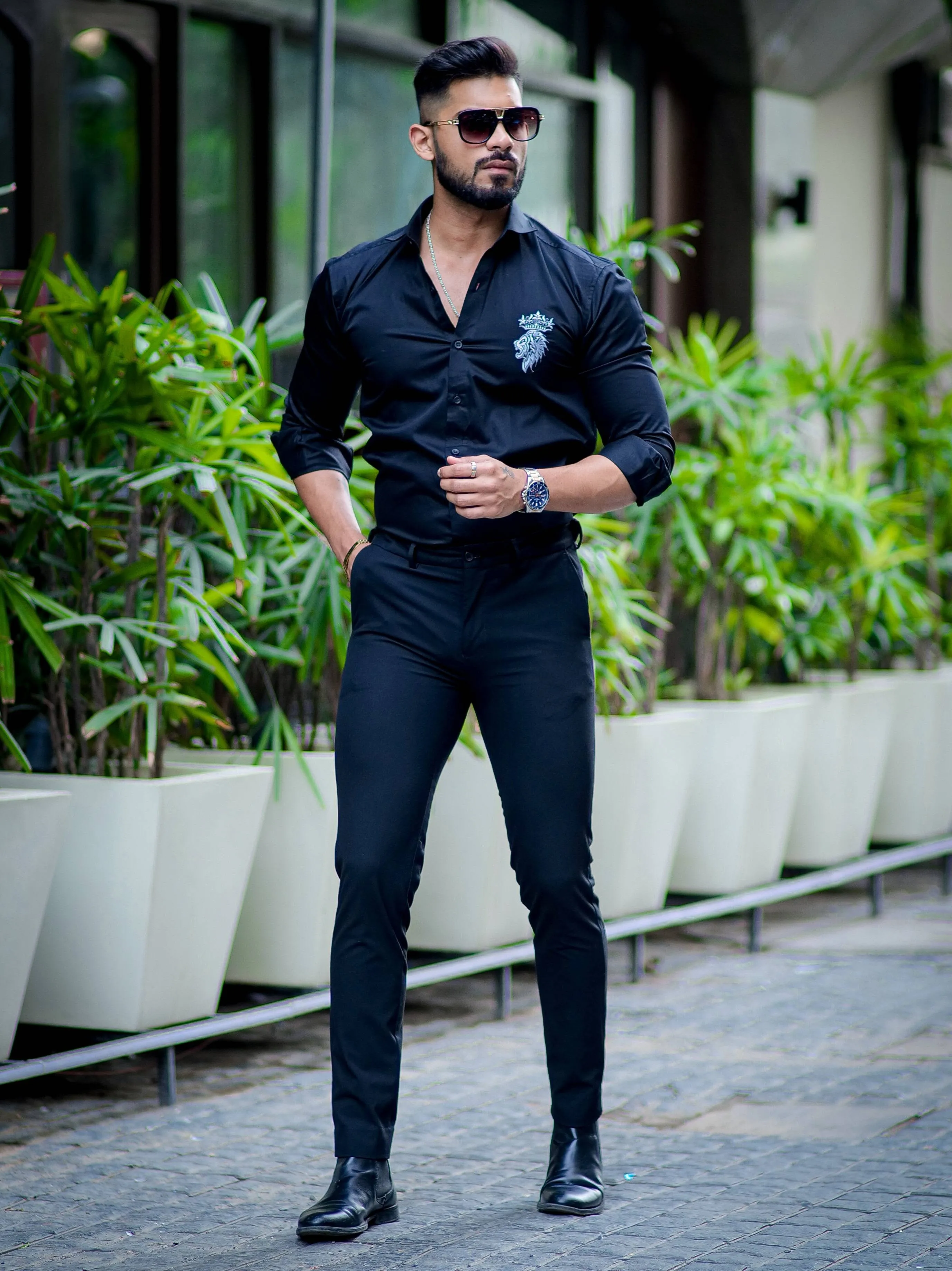 Crown With Lion Embroidered Black Premium Designer Shirt