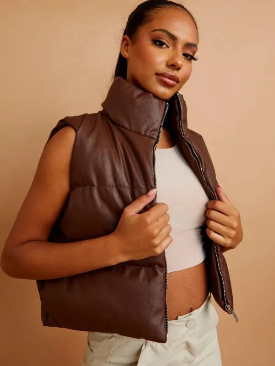 Dark Chocolate PU Down Fill Padded Cropped Gilet