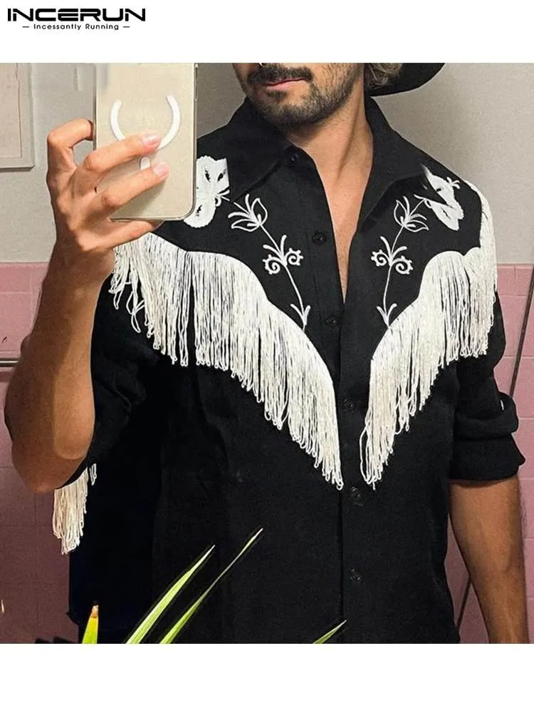 Embroidered Tassel Patchwork Lapel Long Sleeve Shirt
