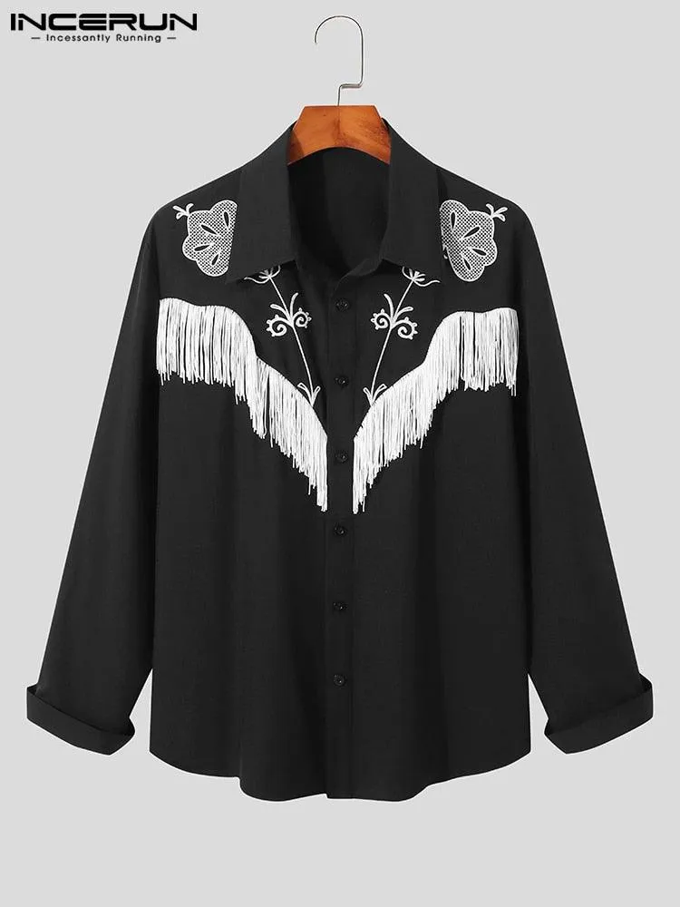 Embroidered Tassel Patchwork Lapel Long Sleeve Shirt