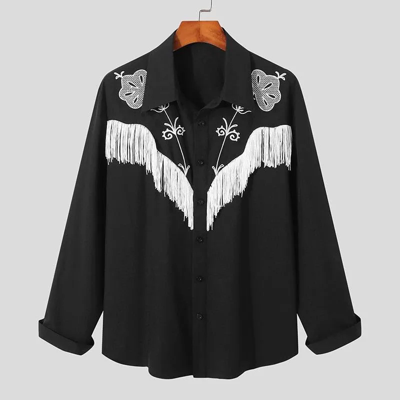Embroidered Tassel Patchwork Lapel Long Sleeve Shirt