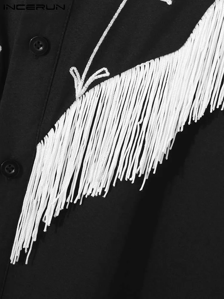 Embroidered Tassel Patchwork Lapel Long Sleeve Shirt
