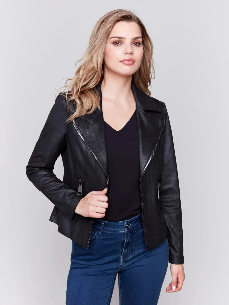 Faux Leather Moto Jacket-Black