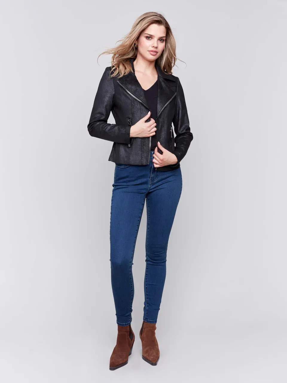 Faux Leather Moto Jacket-Black