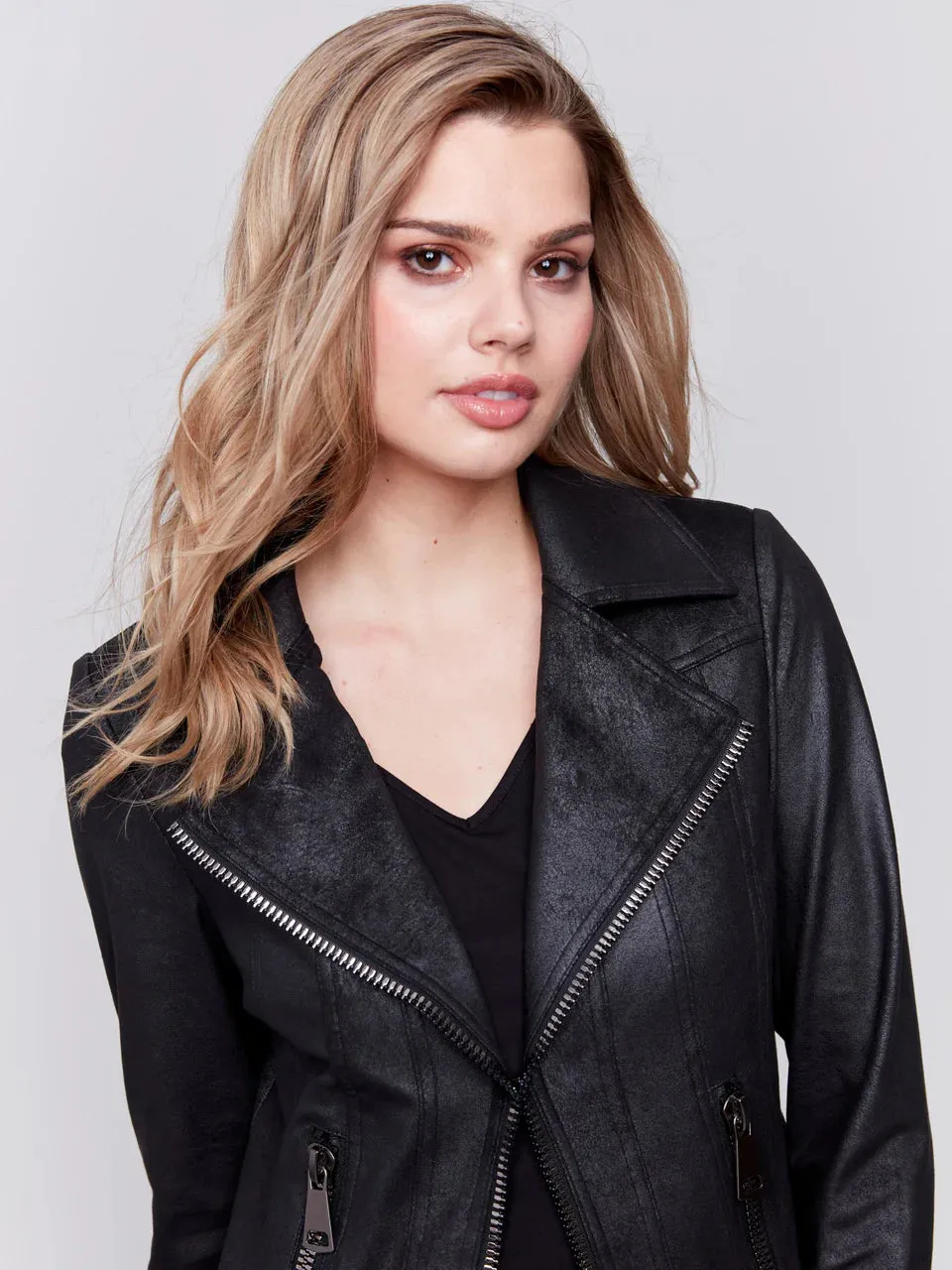 Faux Leather Moto Jacket-Black