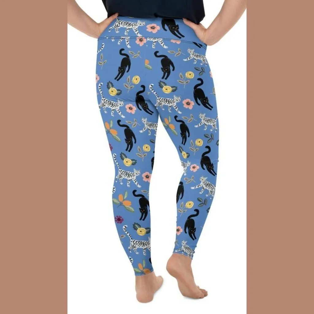 Feline & Flower Pattern Plus Size Leggings