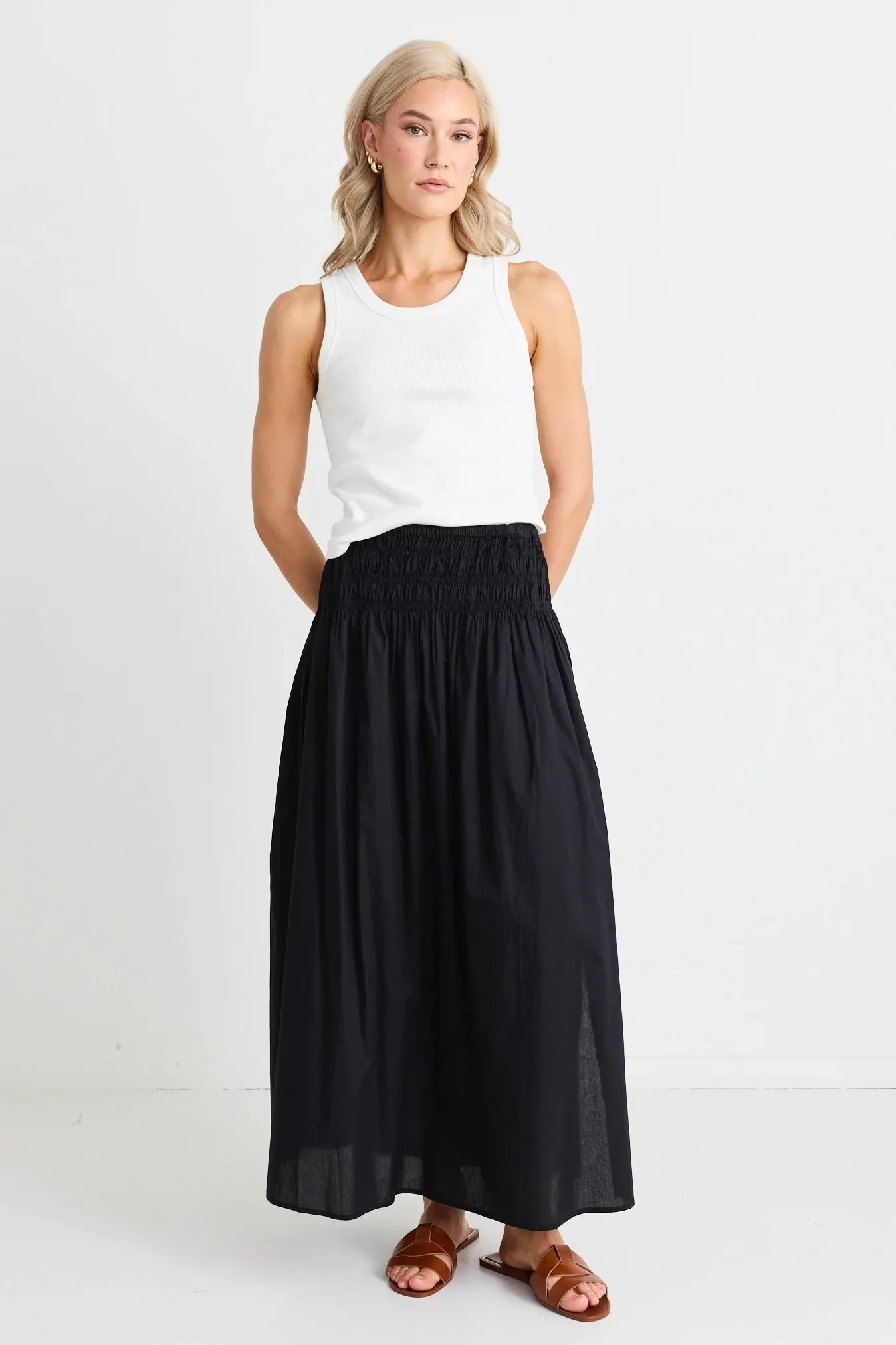 Finch Black Shirred Waist Maxi Skirt