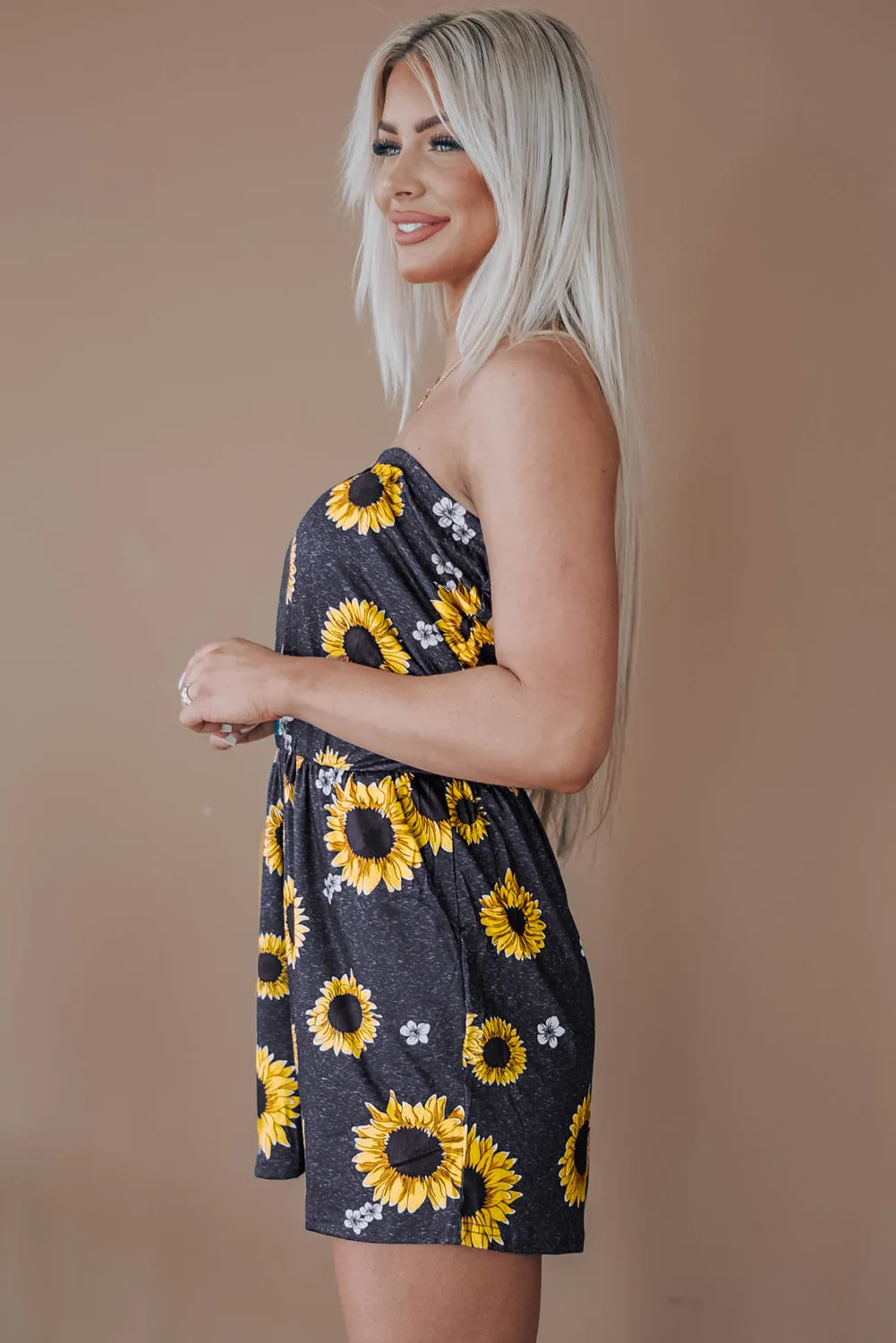 Floral Print Bandeau Romper With Pockets