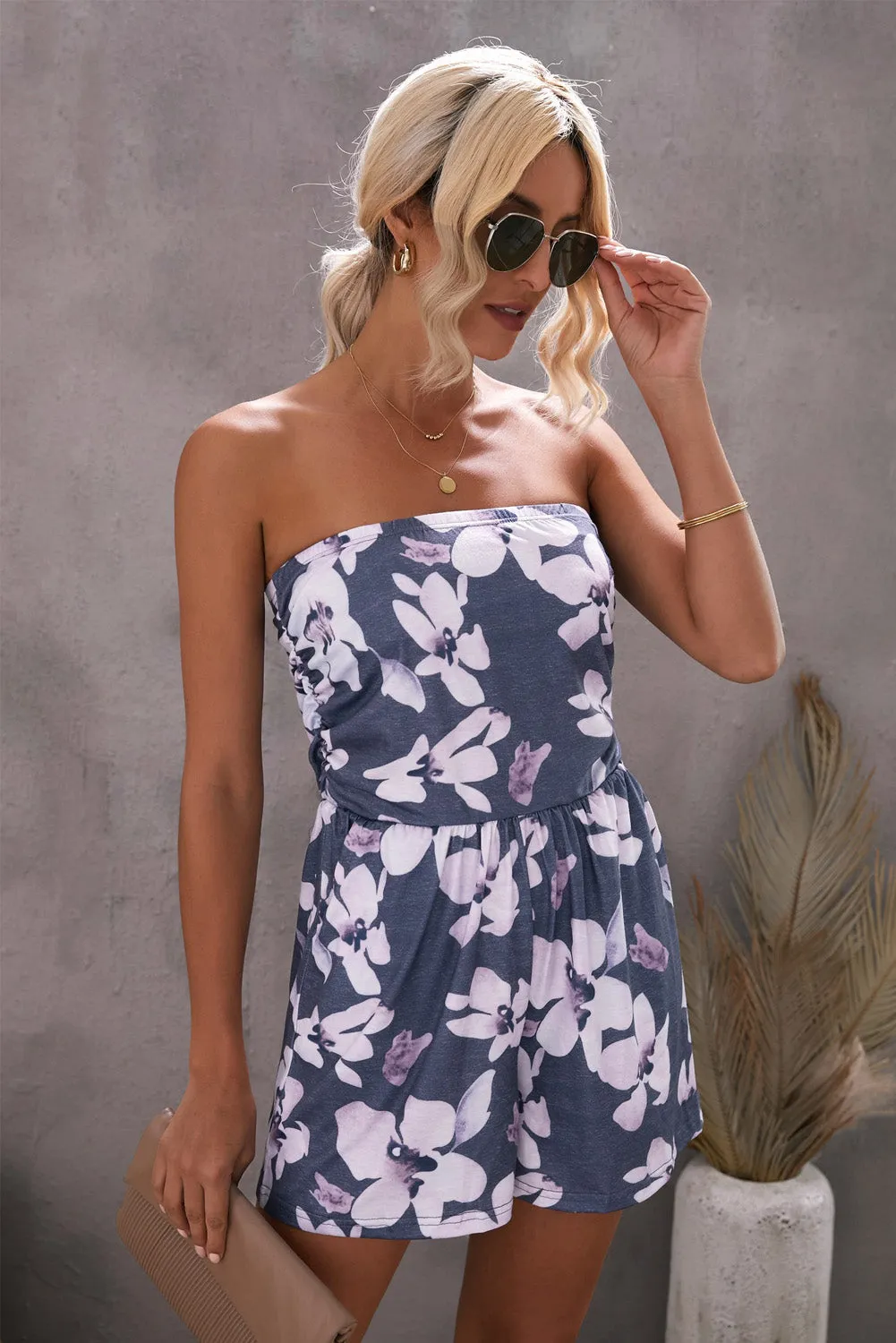 Floral Print Bandeau Romper With Pockets