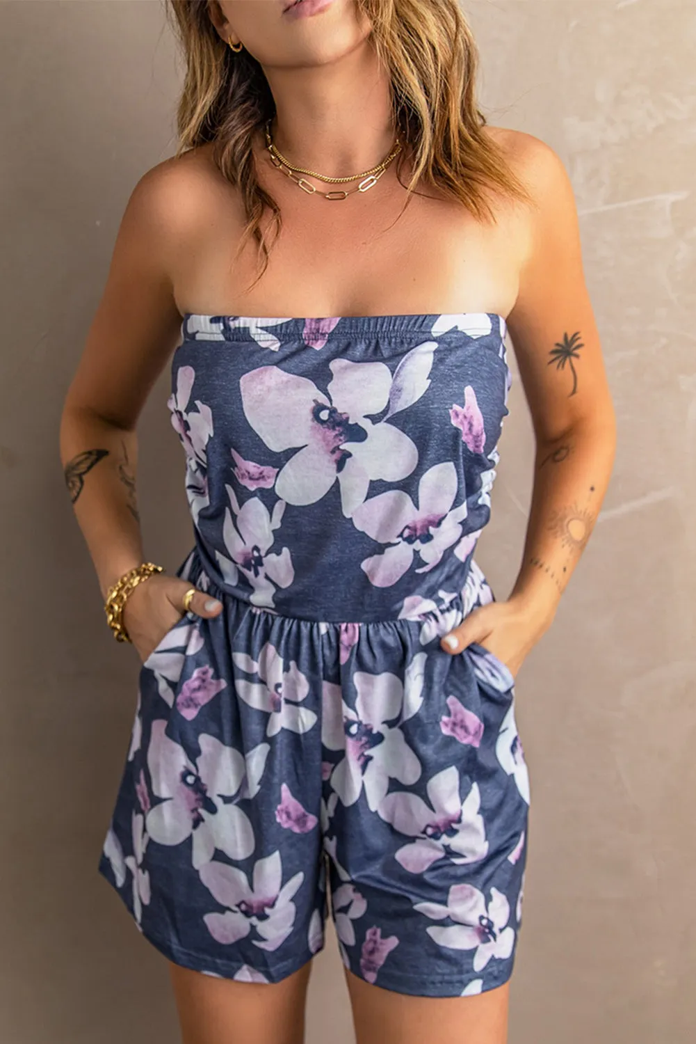 Floral Print Bandeau Romper With Pockets