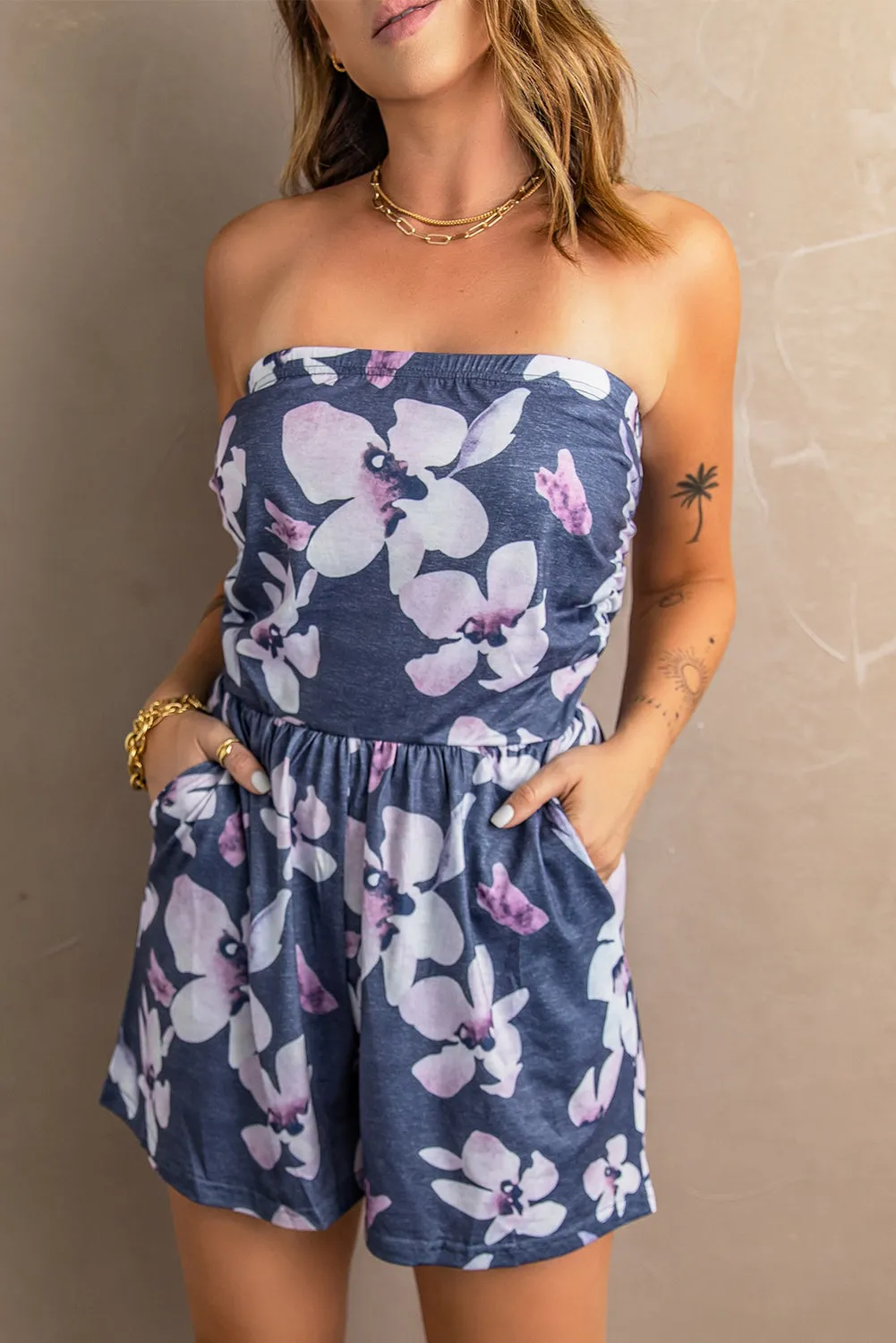 Floral Print Bandeau Romper With Pockets