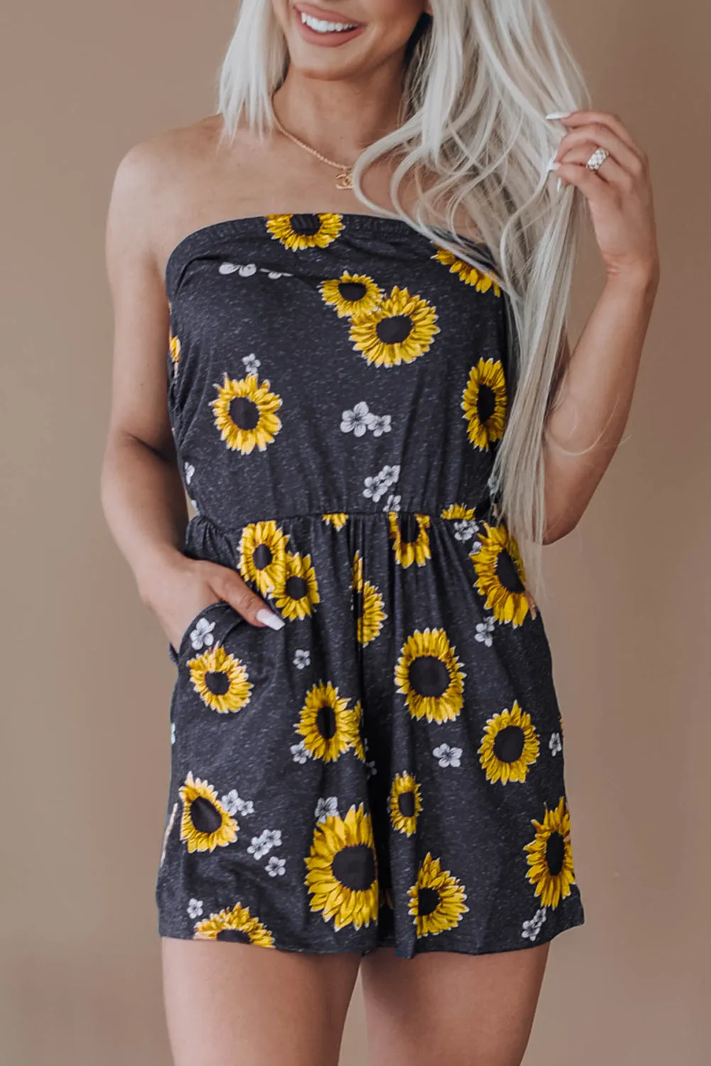 Floral Print Bandeau Romper With Pockets