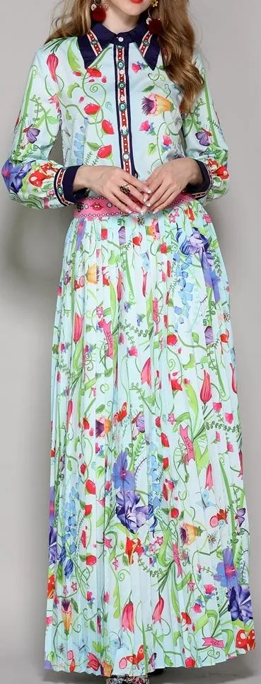 Floral Printed Shirt & Pleated Maxi Skirt Set