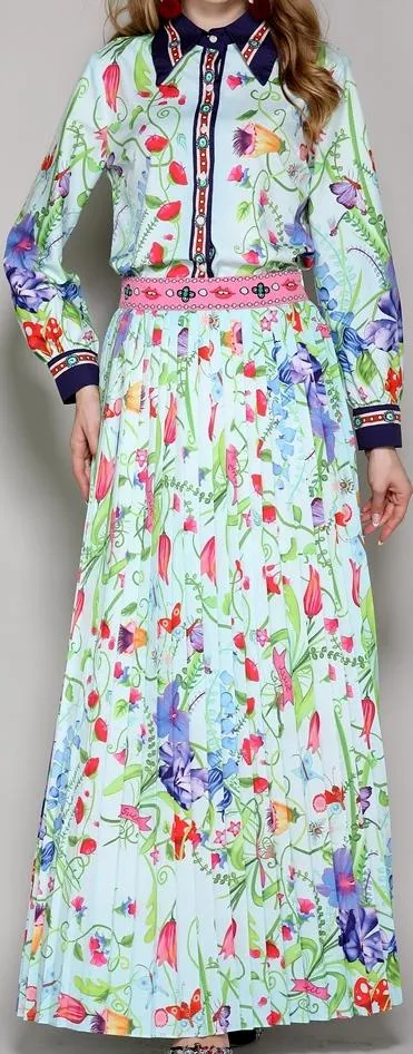 Floral Printed Shirt & Pleated Maxi Skirt Set
