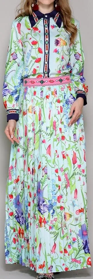 Floral Printed Shirt & Pleated Maxi Skirt Set
