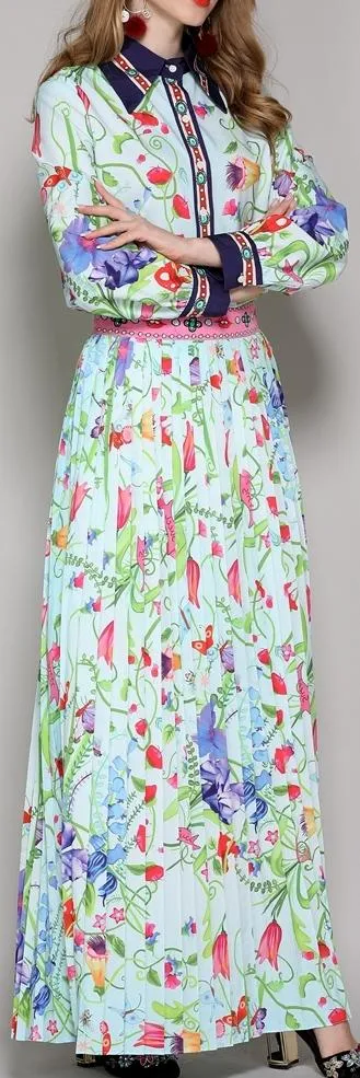 Floral Printed Shirt & Pleated Maxi Skirt Set