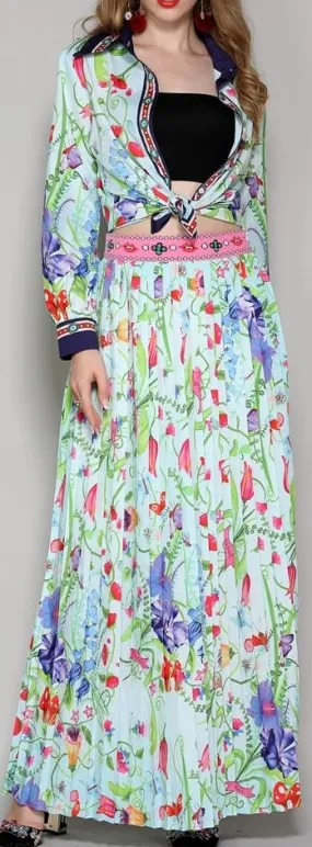 Floral Printed Shirt & Pleated Maxi Skirt Set