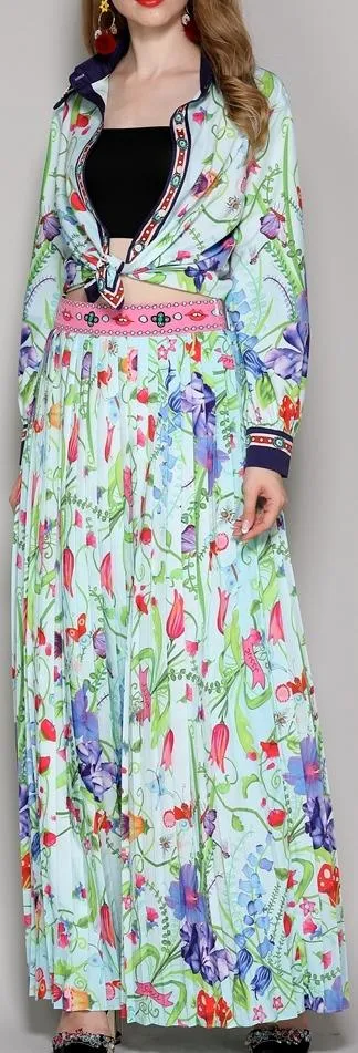 Floral Printed Shirt & Pleated Maxi Skirt Set