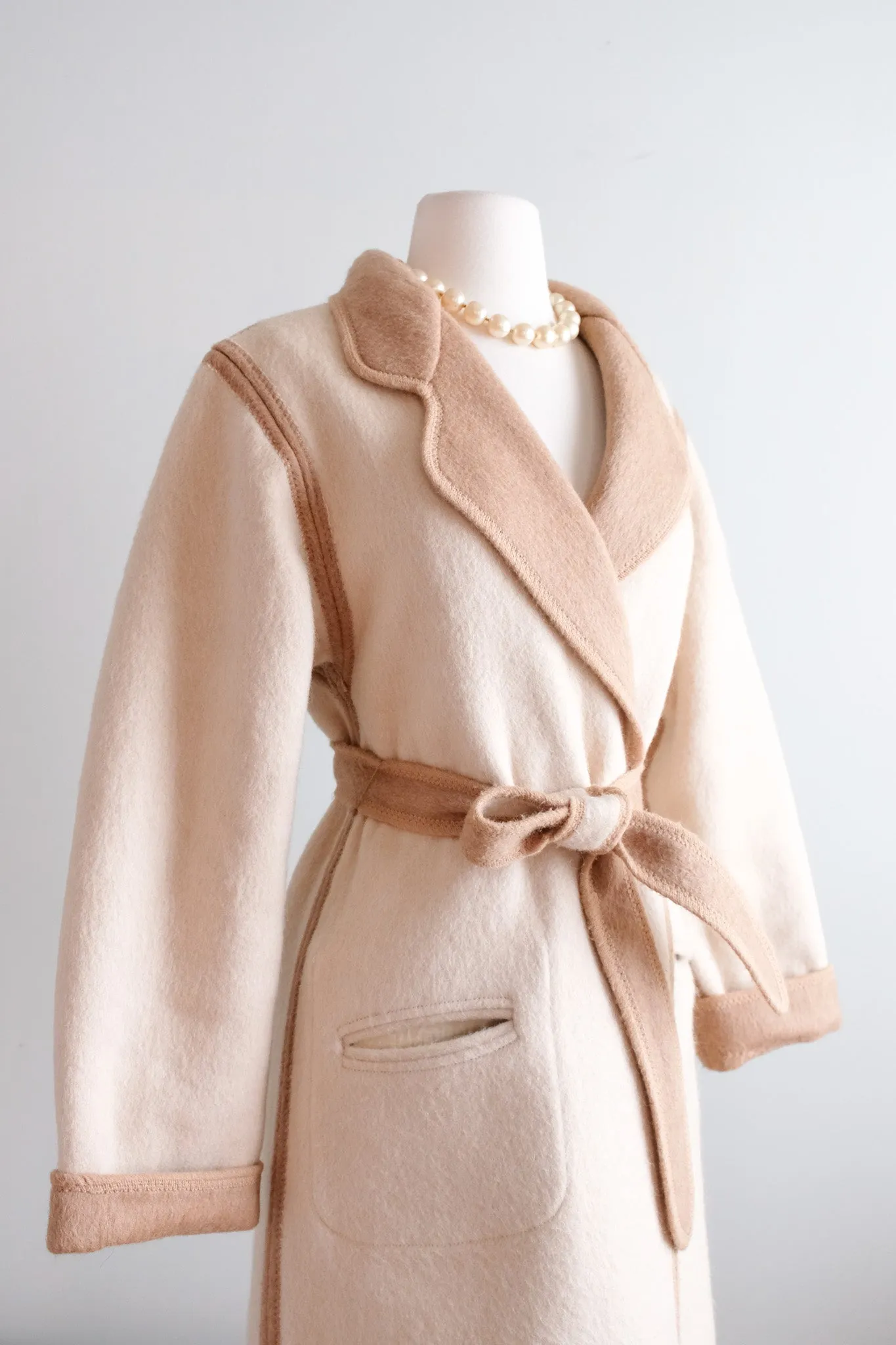 Gorgeous 1970’s Camel & Ivory Reversible Long Line Coat / Sz M