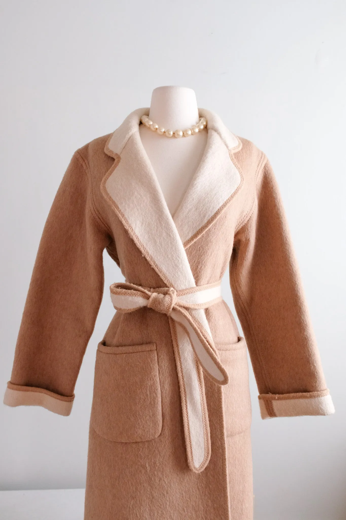 Gorgeous 1970’s Camel & Ivory Reversible Long Line Coat / Sz M