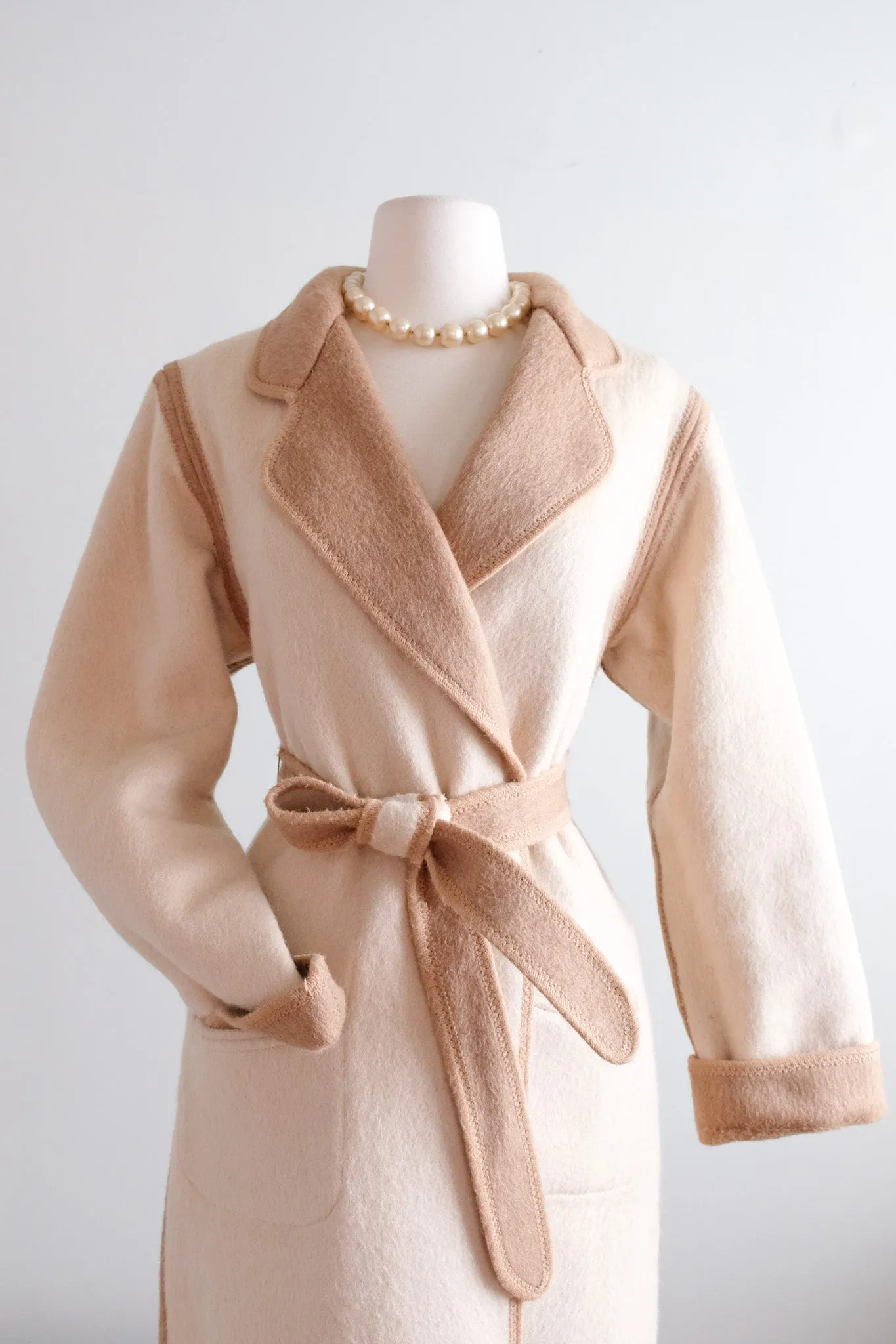 Gorgeous 1970’s Camel & Ivory Reversible Long Line Coat / Sz M