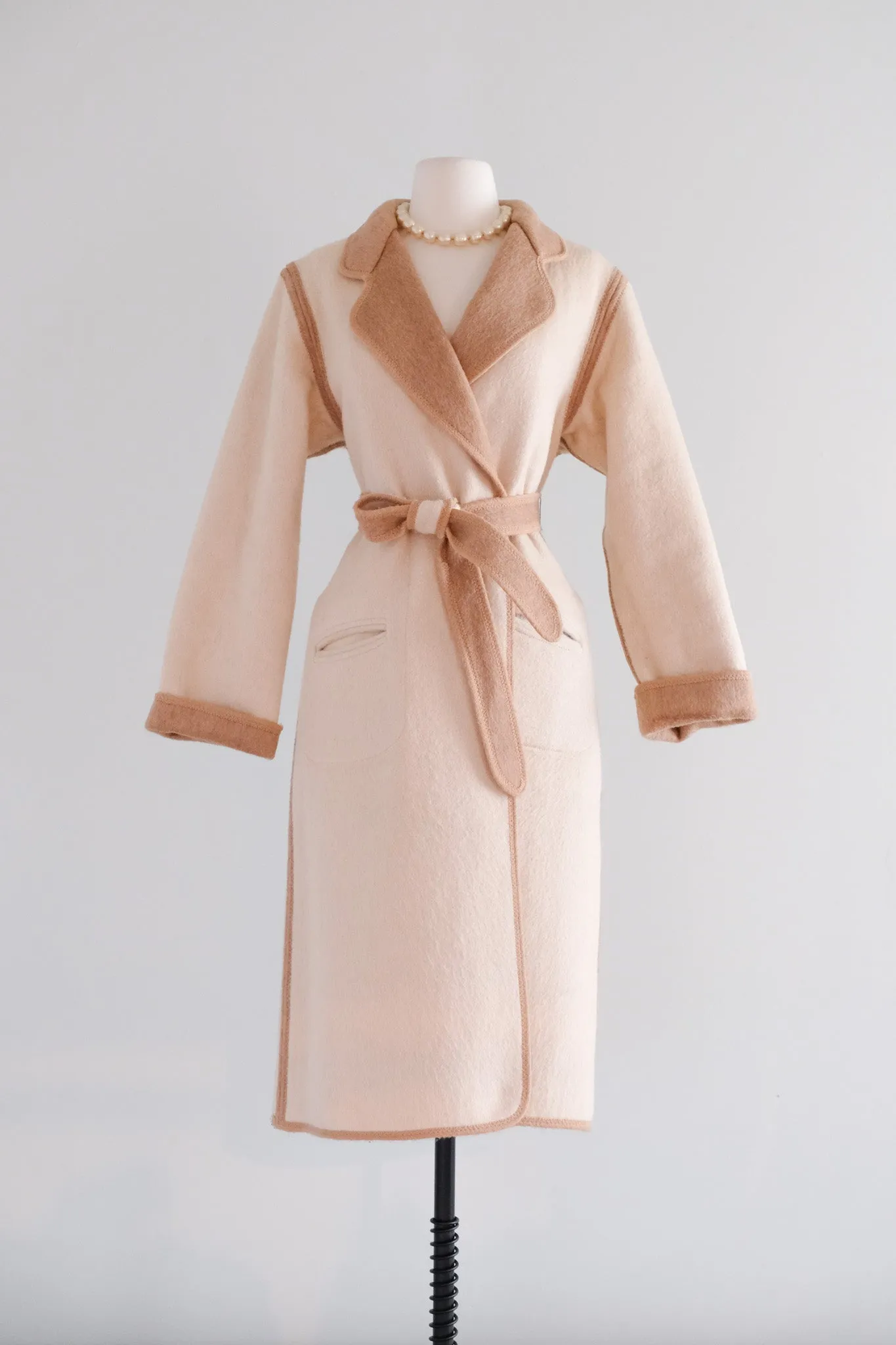 Gorgeous 1970’s Camel & Ivory Reversible Long Line Coat / Sz M