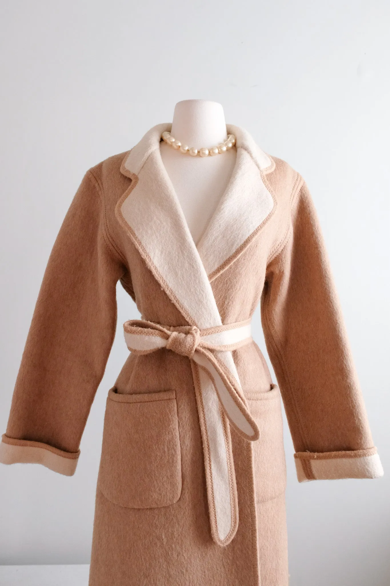 Gorgeous 1970’s Camel & Ivory Reversible Long Line Coat / Sz M